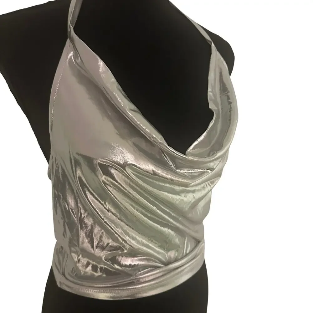 Y2K Silver Metallic Halter Cowl Neck Top Liquid Shine Going Out Party - Picture 5 of 14